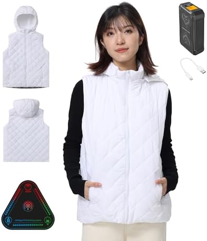 （08:30時点） [Wotivon] (人気製品の次世代モデル) 電熱ベスト 前後15箇所発熱 12V/DC給電式 ヒーターベスト 【電気用品安全法・PSE承認 専用高性能IC 30000mAhバッテリー付き】静電気防止の生地 男女兼用 S-3L (JP, アルファベット, S, ホワイト（帽子あり）)