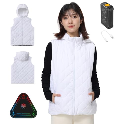 [Wotivon] (人気製品の次世代モデル) 電熱ベスト 前後15箇所発熱 12V/DC給電式 ヒーターベスト 【電気用品安全法・PSE承認 専用高性能IC 30000mAhバッテリー付き】静電気防止の生地 男女兼用 S-3L (JP, アルファベット, S, ホワイト（帽子あり）)