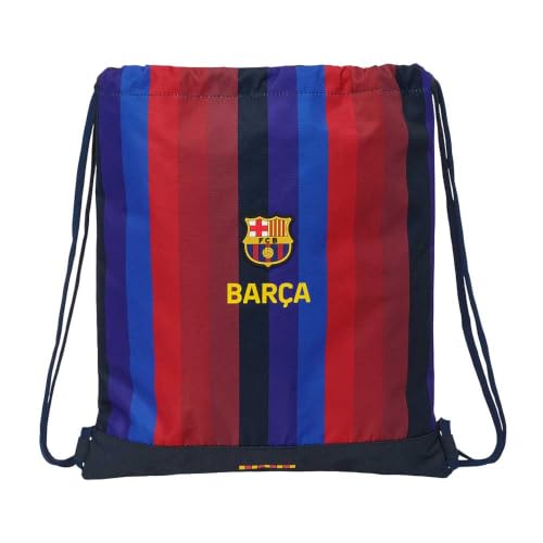 Safta | Saco Deportivo Plano FC Barcelona 1ª Equipación 26/27, Mochila Escolar Tipo Gymbag con Cordones, Bolsillo Interior con Cremallera, Diseño Rayas Blaugrana con Escudo Barça, Medidas 35x1x40 cm