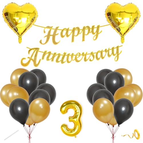 Image of Flyloons 3rd Happy Anniversary Decoration Items Gold Black for Men Women Husband Wife Mom Dad Parent Couple Home Bedroom Car With 20 Pcs Metallic Balloons Anniversary Banner 2 Pcs Heart Set Kit Golden