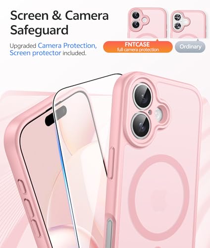 Image of FNTCASE for iPhone 16 Case: [Compatible with Magsafe] Translucent Matte Cases with [Full Camera Protection] [Screen Protector] Military Grade Shockproof Protective Phone Cover - Light Pink