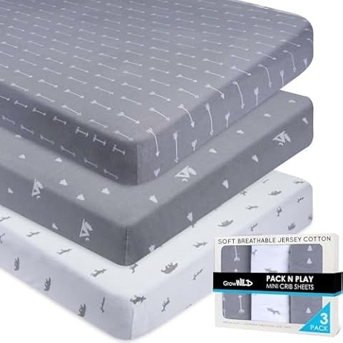 Fitted Unisex Pack n Play Sheets (3 Pack) - Jersey Knit Cotton Mini Crib Sheets for Boys or Girls, 38” x 24" Crib Bedding Set by GROW WILD (Woodland Gray and White) Cover