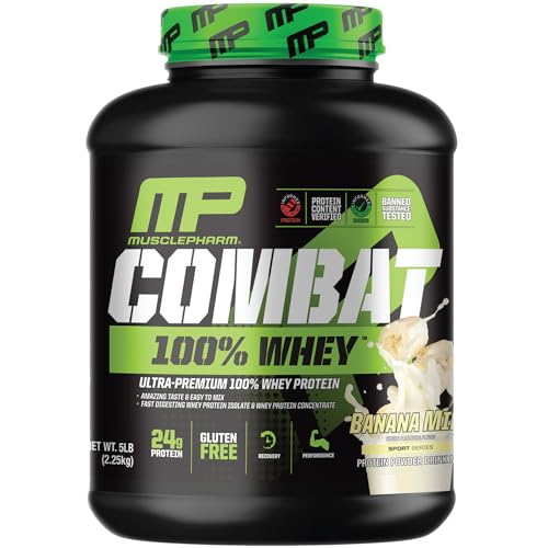 MusclePharm Combat 100% Whey Protein Powder, Banana Milk Flavor, Fast Recovery & Muscle Gain with Whey Protein Isolate, High Protein Powder for Women & Men, Gluten Free, 5 lb, 70 Servings