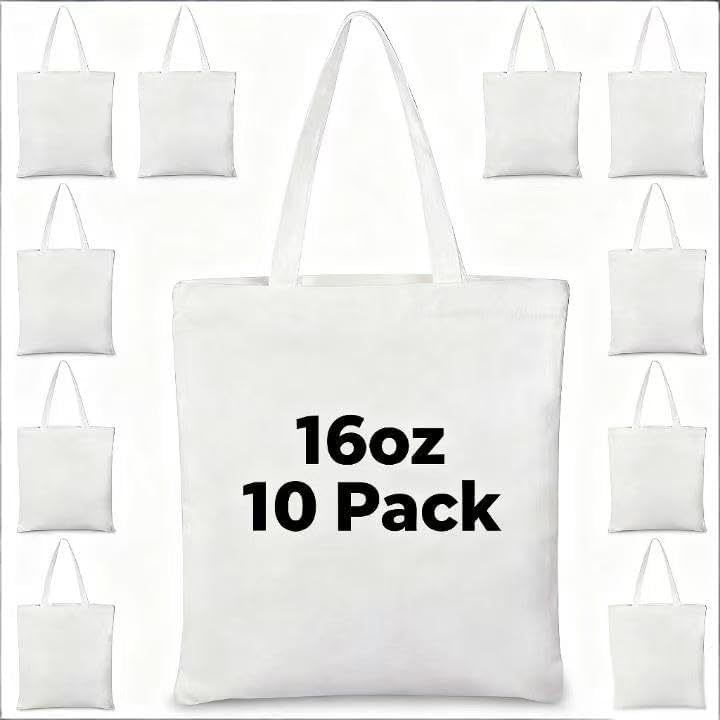 10 Pack Canvas Cotton Tote Bags - 16OZ Ultra Thick Blank DIY Bulk Tote Bags, Reusable Grocery Shopping Bags for Painting, Crafts, Gift, Advertising, Wedding, Party