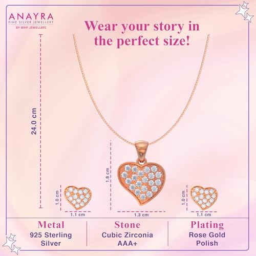 Image of 925 Sterling Silver Rose Gold Plated Pendant Set for Women | Heart & Floral Design Necklace with Matching Earrings | Elegant Jewellery Gift for Girls, Wife, Girlfriend