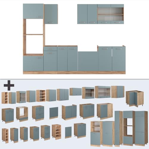 Vicco Mueble de Cocina R-Line, Roble Azul-Gris-Dorado, 300 cm con Armario Alto, ET Roble - imagen 8