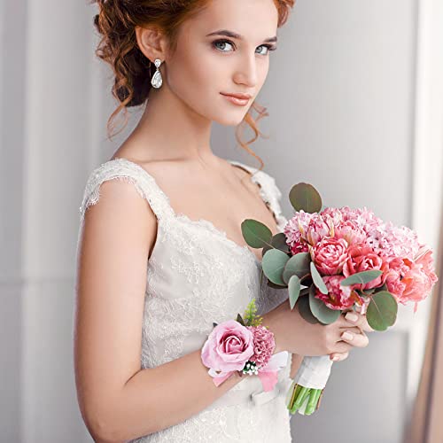 CRASPIRE 2PCS Wedding Wrist Flower Pink Artificial Floral Wrist Corsage Bridal Rose Leaf Silk Ribbon Hand Flowers for Bride and Bridesmaid Festival Prom Engagement Ceremony - Image 4