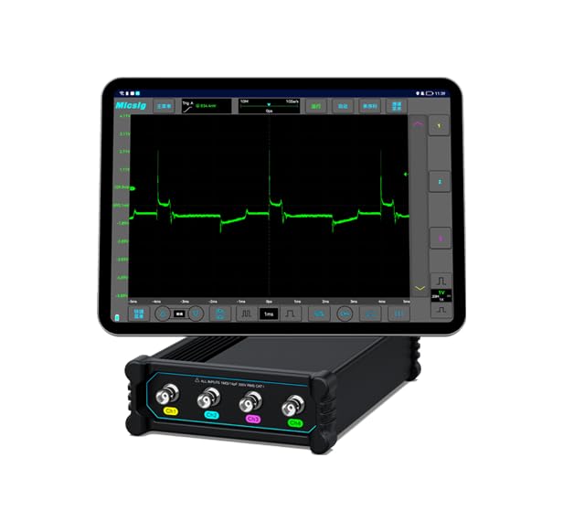 Micsig VATO2004 connected to a tablet displaying waveforms