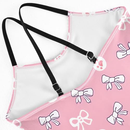 Pink Bow Footprint Pattern Girls Swimsuit One Piece Bathing Suit Beach Swimwear with Adjustable Straps 3-10Years4