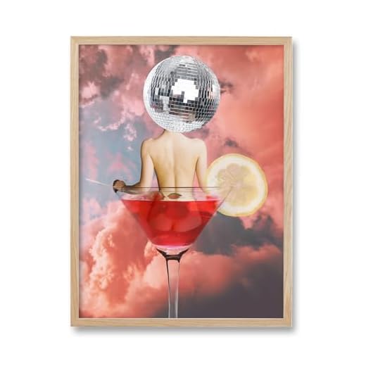 HesenDot Funky Disco Framed Wall Art, 12x16in Girl in Cocktail Glass Canvas Prints Wall Decor,Beige Wood OAK Frame Alcohol Poster for Kitchen Home Bar Cart Dining Living Room Decoration,Set of 1