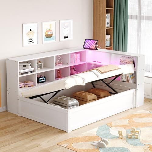 EINHOM Schlafsofa 90 × 200 cm, Kinderbett mit-LED-Lichtleiste, mit Mehrfachsteckdose und Staufächern, hydraulisches Bett, Einzelbett, multifunktionales Holzbett, Weiß (Ohne Matratze)