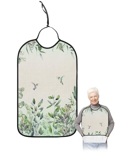 LEOKOTI Green Botanical Adult Bibs for Eating, Waterproof Bibs with Food Catcher & Snap Closure, Watercolor Eucalyptus Leaves Birds Rustic Washable Clothing Protectors Adult Bibs for Elderly