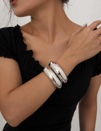 Image of Chunky Gold Bangle Bracelets for Women, Dainty 14k Gold Plated Big Stackable Bangles Set, Trendy Statement Cuff Bracelet Stack Fashion Jewelry Gifts