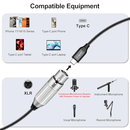 Image of J&D USB C to XLR Microphone Audio Cable, Braided USB C to XLR Female Cable for Audio Recording, Dynamic Microphone, Compatible for iPhone 16 /17 Series, MacBook, 3.3 Feet