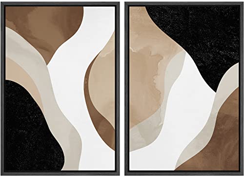 SIGNLEADER Framed Canvas Print Wall Art Set Brown, Tan and Black Watercolor Waves Abstract Shapes Illustrations Modern Relax/Calm Multicolor for Living Room, Bedroom, Office - 16"" x24 x2 BLACK