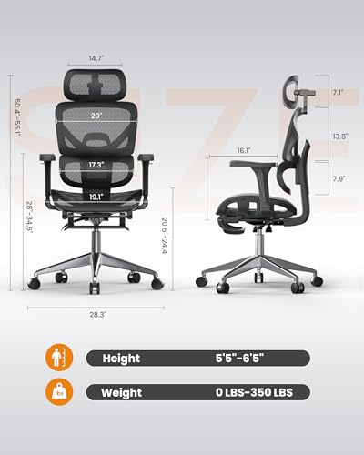 naspaluro Chaise de Bureau Ergonomique Confortable avec Repose Pied，Noir – vue 2