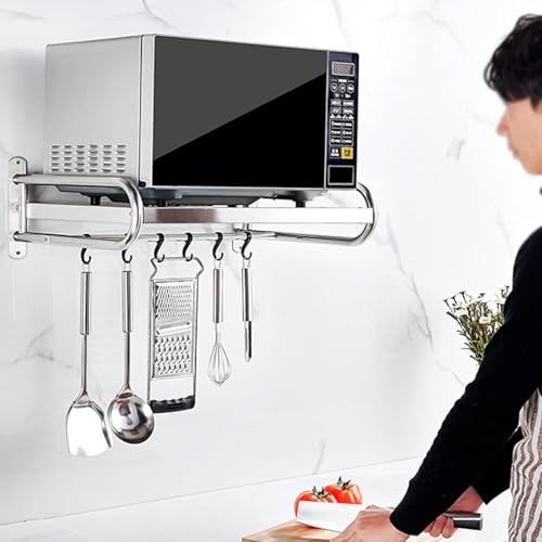 Image of Saifix Microwave Stand For Kitchen | Wall Mounted Oven Stand | Stainless Steel Hanging Dish Rack | Pot Racks | Utensil Organiser | Kitchware Rack (60 L x 40 W x 18 H CM's, Steel-09)