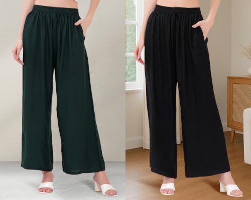 Image of Buy That Trendz Palazzo Pants for Women Rayon Elasticated Regular Fit Flared Wide Leg M to 6XL Pack of 2