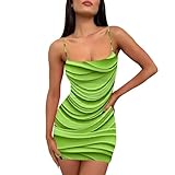 Women's Sexy Bodycon Dress Solid Ruched Short Backless Spaghetti Strap Tight Cocktail Dresses Hawaiian Mini Party Club Dress Grass Green