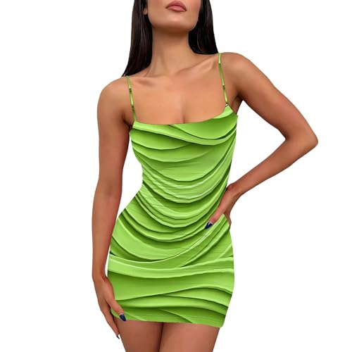 Women's Sexy Bodycon Dress Solid Ruched Short Backless Spaghetti Strap Tight Cocktail Dresses Hawaiian Mini Party Club Dress Grass Green