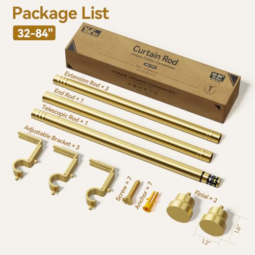 Image of YaFex Curtain Rods 2 Pack 32-84 Inch, Heavy Duty 1 Inch Curtain Rod, Gold Long Adjustable Window Treatment Rods, Modern Design, Easy Installation
