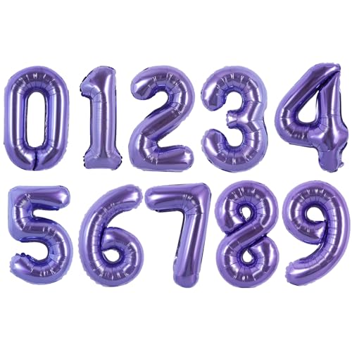 Image of TONIFUL Number Balloon 16 Inch 10 Pcs Purple 0-9 Birthday Number Balloons | Small Custom Digital Mylar Foil Ballons for Girl's Birthday Engagement Graduation Anniversary Baby Shower Party Decorations