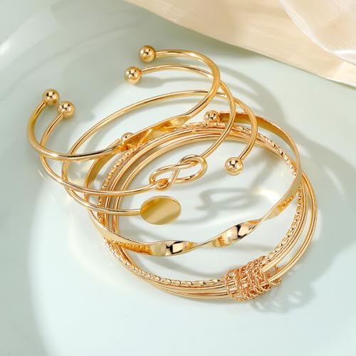 17IF Gold Bangle Bracelet For Women 14k Plated Multi Layer Cuff Bracelets Set Trendy Boho Textured Indian Punk Chunky Cable Smooth Bangles Elegance Stack Minimalist Jewelry Gift4