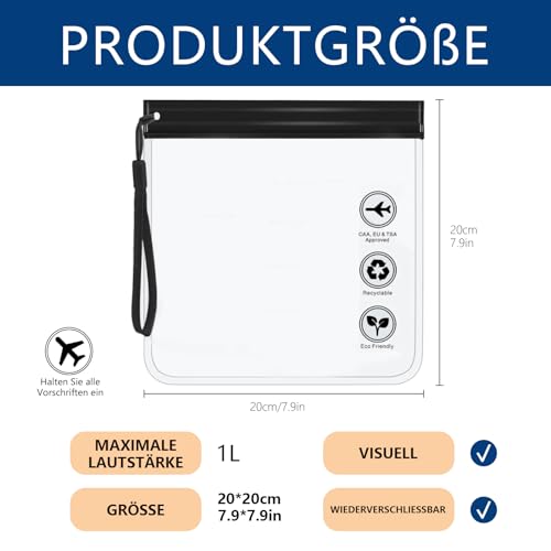 Lot de 2 sacs de toilette transparents homologués - 20 x 20 cm - Avec poignée - Gadgets d'avion - Accessoires de voyage – Image 3
