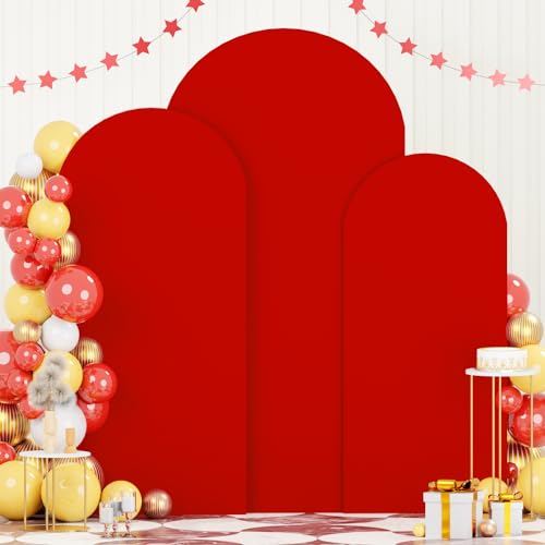Image of FOTSHARER Red Arch Cover Set of 3 Spandex Fitted Wedding Arch Cover 6FT 6.6FT 7.2FT Round Top Arch Cover Backdrop Fabric for Metal Arch Chiara Arch Backdrop Stand Cover for Baby Shower Birthday Decor