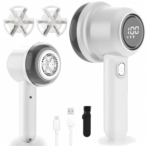 Fabric Shaver, Rechargeable Lint Remover, Portable Electric Sweater Defuzzer with 3 Speeds, 6 Leaf Blades, Digital LED Display to Remove Pilling for Clothes, Furniture, Sofa, Sweater, Blanket White