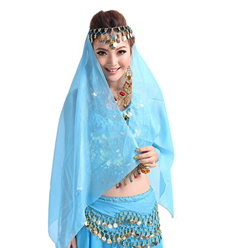Pilot-trade Women Headband Belly Dance Face Veil Dancing Headpiece Chiffon Coins Head Scarf Shawl Black3