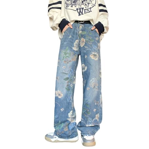 Men's Floral Print Jeans Y2K Street Baggy Denim Pants Casual Straight Loose Jeans with Pockets
