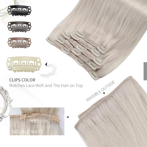 Moresoo Clip in Hair Extensions Real Human Hair White Blonde Human Hair Extensions Clip in for Women Full Head Short Layered Hair 14 Inch 80G #60A 5pcs - Image 4