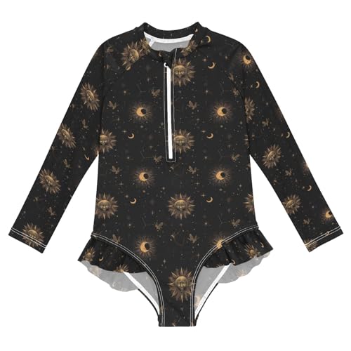 ALAZA Sun Moon Space Black Girls One Piece Swimsuit Long Sleeve Rash Guard Swimsuits UV 50+ Swimwear Zipper