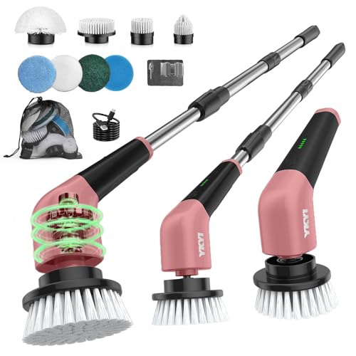 Electric Spin Scrubber,Cordless Electric Cleaning Brush,Shower Scrubber 2 Speeds,8 Brush Heads,IPX7 Waterproof,Adjustable Long Handle for Bathroom,Tub,Tile,and Car,Pink