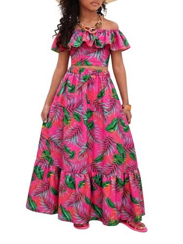 Image of BEAUDRM Girl's Summer Outfits Tropical Summer Dress Hawaiian Off Shoulder Tops and Ruffle Skirt Set Vacation Beach Clothes