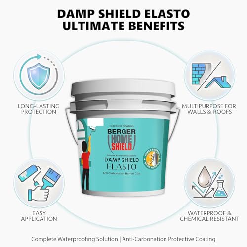 Image of BERGER HomeShield Dampstop Elasto Waterproofing Membrane Damp Proof Basecoat for Exterior Walls Self Priming Anti-Carbonation Solution (10L, White)