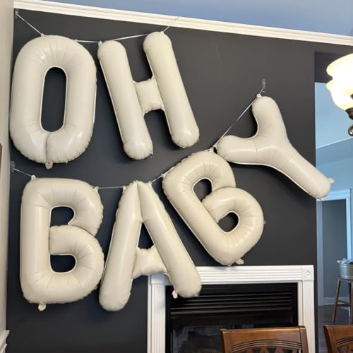 Image of 40 Inch Beige OH BABY Balloon for Baby Shower, Large Cream White Oh Baby Balloons Letters with Ribbon, Neutral Ivory Alphabet Oh Baby Balloon Banner Sign for Gender Reveal Backdrop Party Decorations