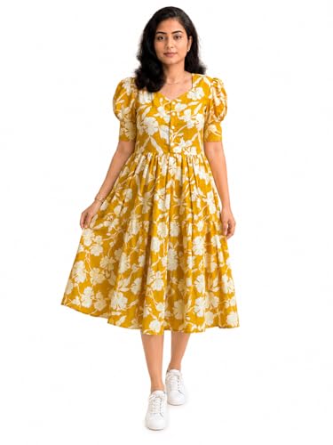 Image of Women's Rayon Floral Printed Midi Dress | Casual Fit & Flare One Piece Dress for Women | Stylish Short Sleeve Western Dress