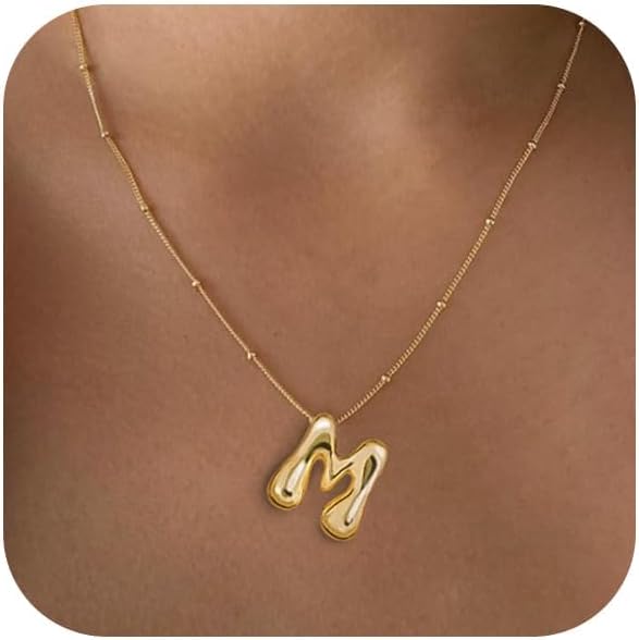 BheopGold Bubble Letter Necklace for Women Dainty 14K Gold Plated Balloon Initial Necklaces for Women Trendy Cute Chunky Charm Monogram Pendant Name Necklace Fashion Jewelry Gifts for Teens