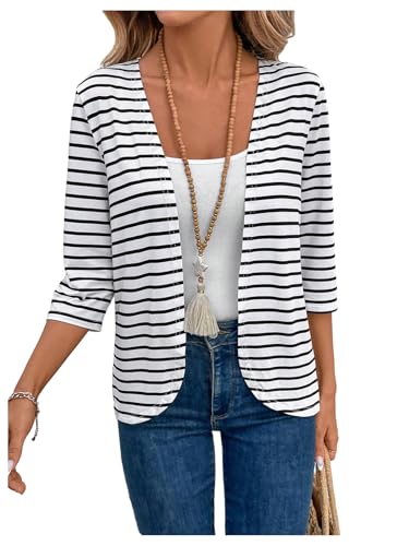 Verdusa Women's Striped Open Front Jacket Business Casual 3/4 Sleeve Outerwear