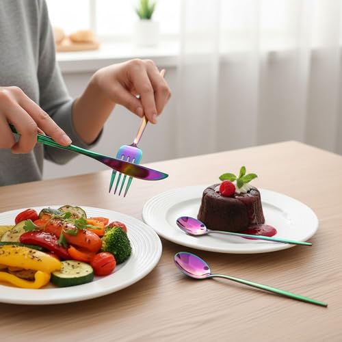 Image of 4 Pcs Rainbow Slim Handle Stainless Steel Cutlery Set for Dining Table with Spoon and Fork Set & Butterknife - The Perfect Tableware /Flatware