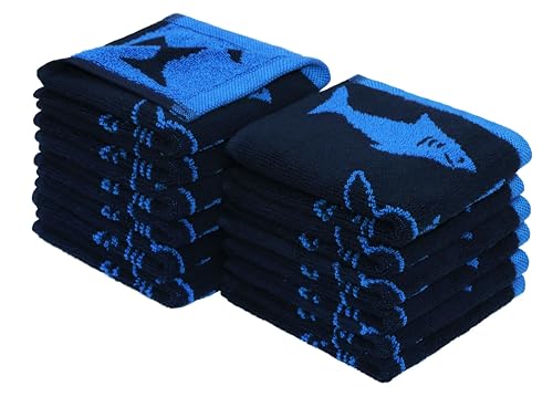 Image of ORIGINAL KIDS Wash Cloth - Bath Time Shark Attack Set of 12 Washcloths - 100% Cotton Jacquard Super Soft Colorful Absorbent Quick Dry Easy Care Face Towel Face Cloth Gift - 12 x 12 - Navy Blue