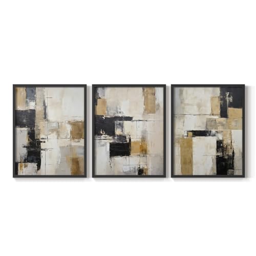 Renditions Gallery Set of 3 Peel & Stick Framed Prints, Abstract Wall Art, Grey Gold Wood Design Wall Decor, Re-Stickable - Ready to Hang - 16"x20" - Black Frame LT597