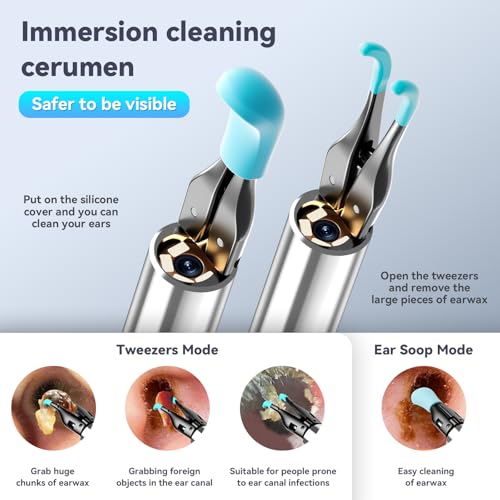 Image of Ear Cleaner Tweezers with 6 Ear Spoon, Earwax Removal Kit with Light, Ear Cleaning kit for iOS & Android, Blue