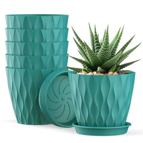 UOUZ 6 Pack 4 Inch Small Plant Pots with Saucers, Waffle Texture Plastic Planters with Drainage Holes for Indoor and Outdoor Plants, Flowers, Herbs, Succulents, and Seedlings, Blue