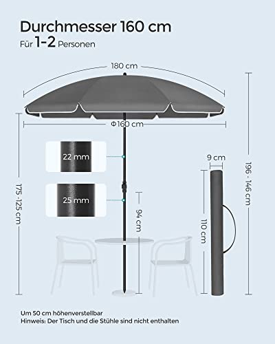 SONGMICS Sonnenschirm 160 cm, Sonnenschutz, UPF 50+, Strandschirm, beidseitig um 30° knickbar, höhenverstellbar, mit Tragetasche, für Balkon, Garten, Terrasse, Strand, ohne Ständer, grau GPU060G01