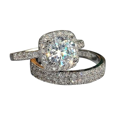 Fashion 18K White Gold Plated Bright cut Bridal Wedding Ring Set Jewelry Gifts Cubic Zirconia Two-in-One Halo Engagement Promise Eternity Ring Set（7） - Main Image