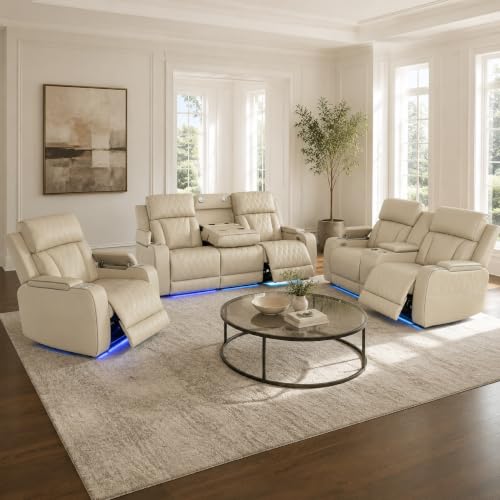 Karngeist Power Recliner Sofa Set, Faux Leather Living Room Furniture Set with USB Ports, LED Ambient Lighting, Modern Ergonomic Couch for Living Room, Home Theater, Office (3PCS Set,Beige)