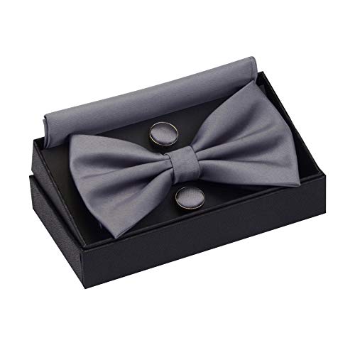 Image of GUSLESON Men's 3-pc Solid Color Bow Tie Gift Set - Double‑Fold Pre-Tied Bow Tie, Pocket Square, Cufflinks - Wedding Formal Party
